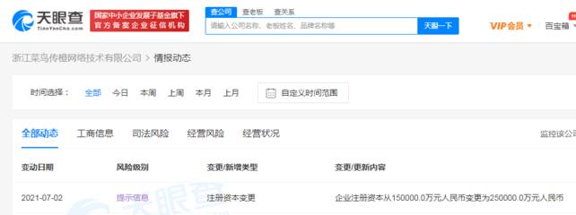 浙江菜鳥傳橙網絡技術注冊資本增至25億元，加速布局計算機軟硬件及外圍設備制造